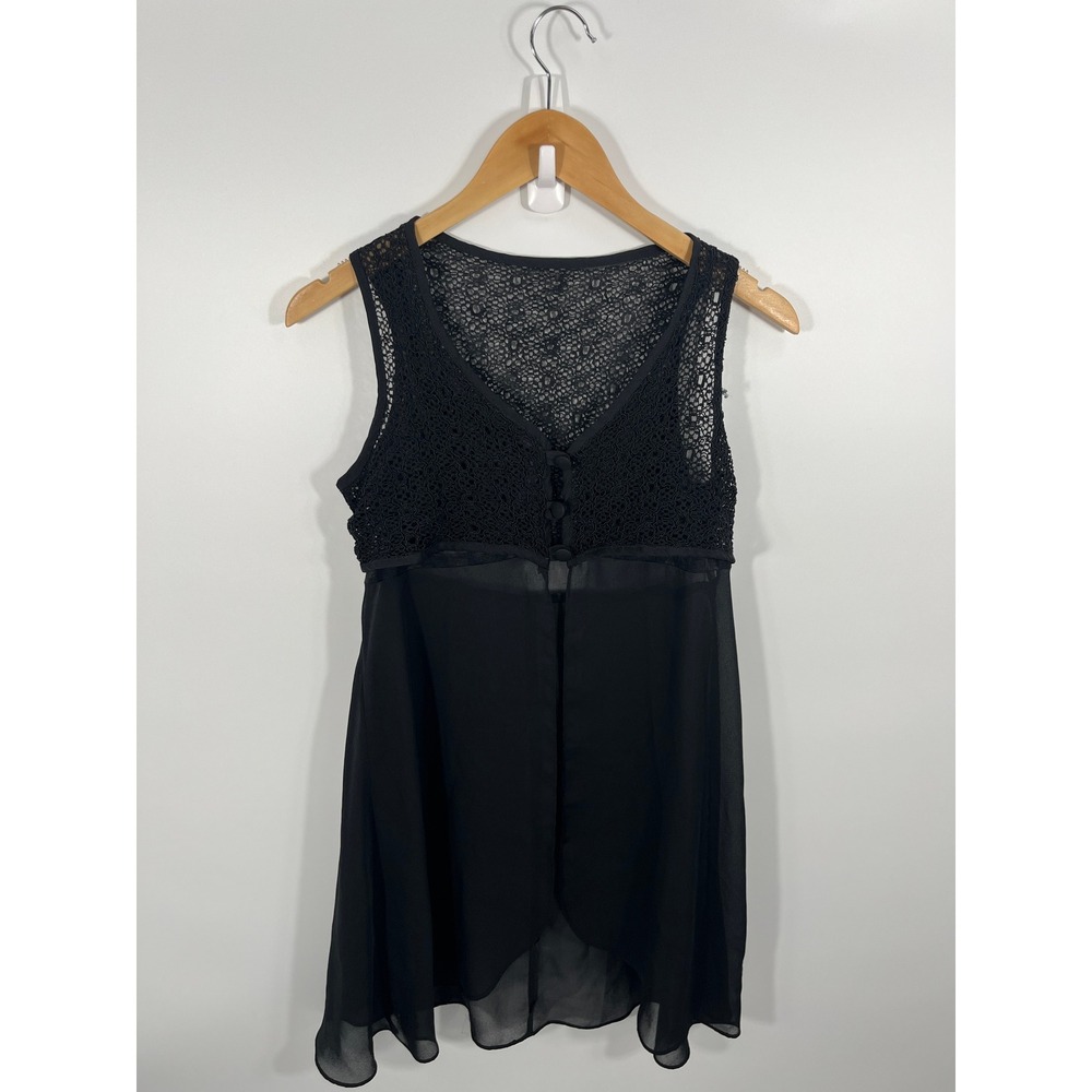 Vintage Women Babydoll Shift Dress M Black Sheer Lace Mesh Whimsigoth Dark Fairy